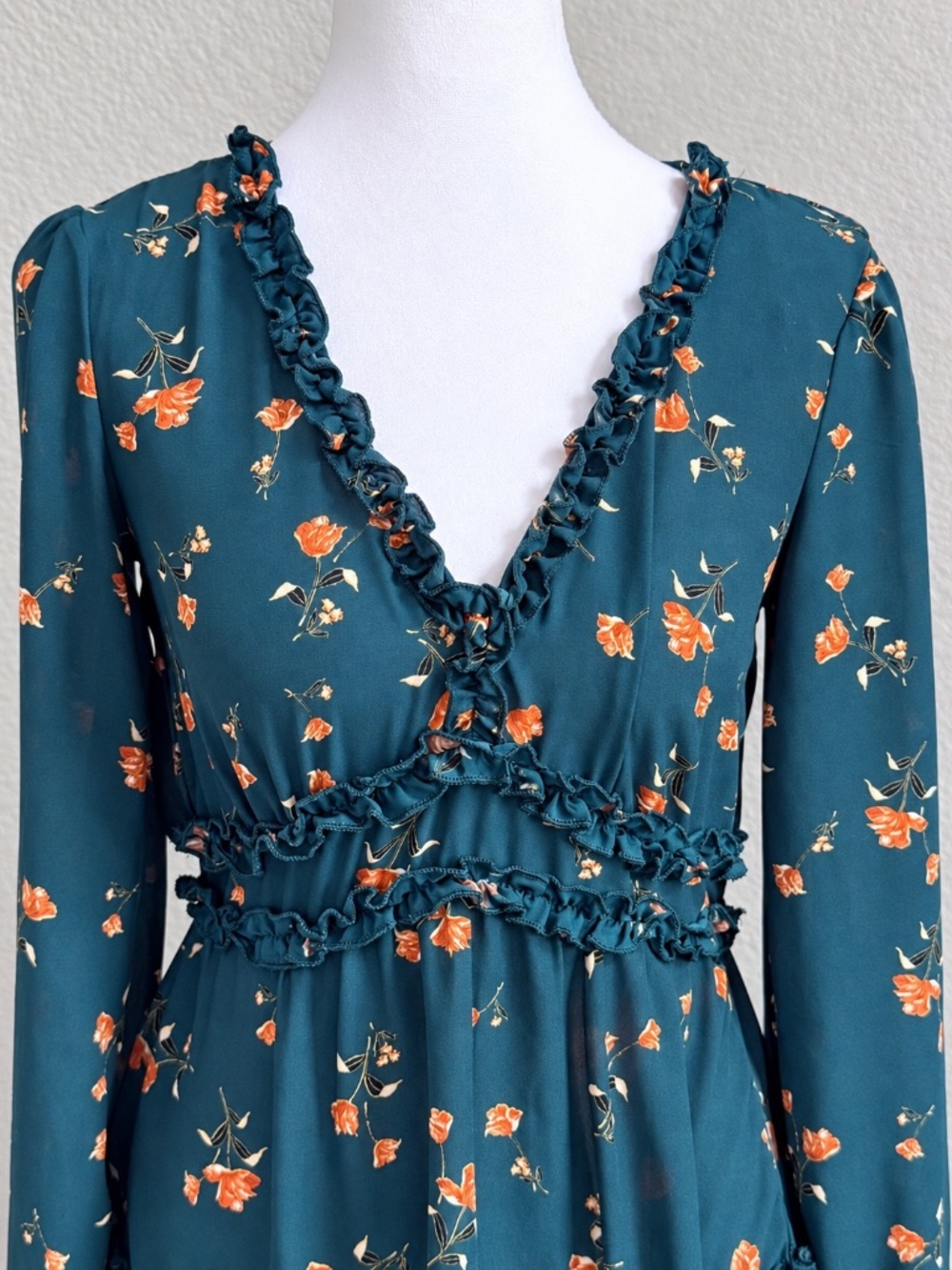 Inspired Hearts Teal Floral Ruffle Mini Dress Long Sleeve Boho Western Sz Small - Picture 3 of 11
